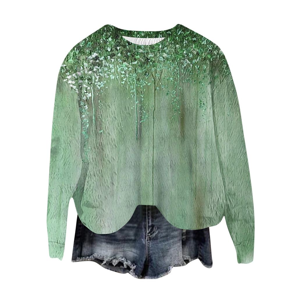 Women's Fashion Round Neck Pullover Top Long Sleeve Tee Printed Sweatshirt