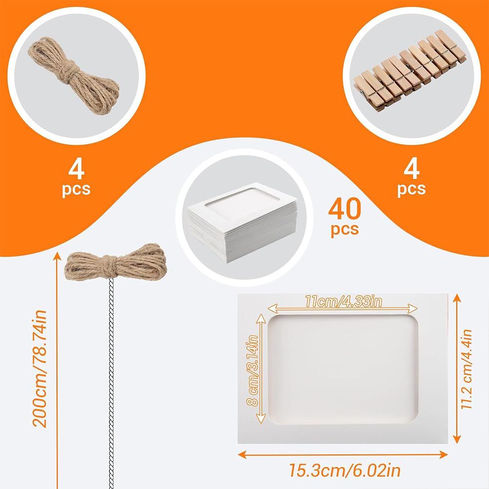 Pacote com 40 Guirlandas de Fotos 40 Pequenos Clipes para Pendurar Fotos Moldura de Foto com 4 Peças de Corda para Fotos Conjunto de Molduras de Fotos de Papelão
