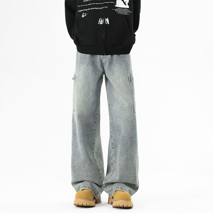 American High Street Trendy Brand Big Pocket Tooling Jeans Men's Trend Loose Wide Leg Drape Straight Trousers Men