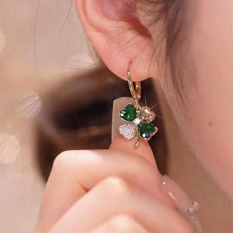Elegant Green Earrings with Micro-inlays in The Form of A Four-leaf Clover Are A Trendy… More
