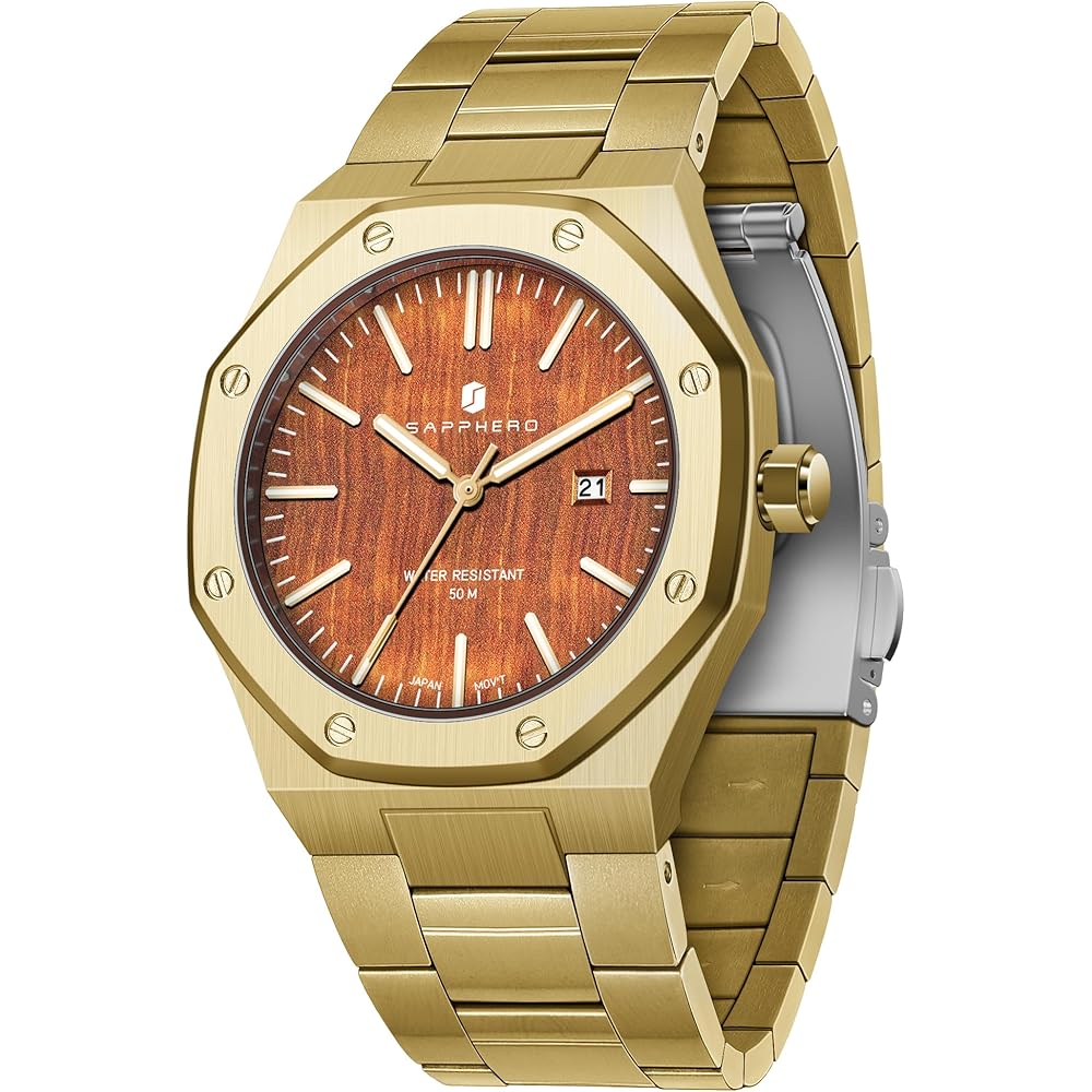SAPPHERO Men s Chronograph Watch Stainless Steel 50M Water Resistant Analog Date Display Gold Amber
