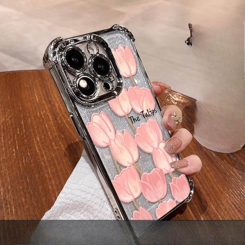 

Розовые тюльпаны Подходит для iPhone16e Чехол для iPhone 15 Гальванизированный Противоударный 14 Подставка 13 Высококлассный 7/8 iPhone 7 Plus/8 Plus