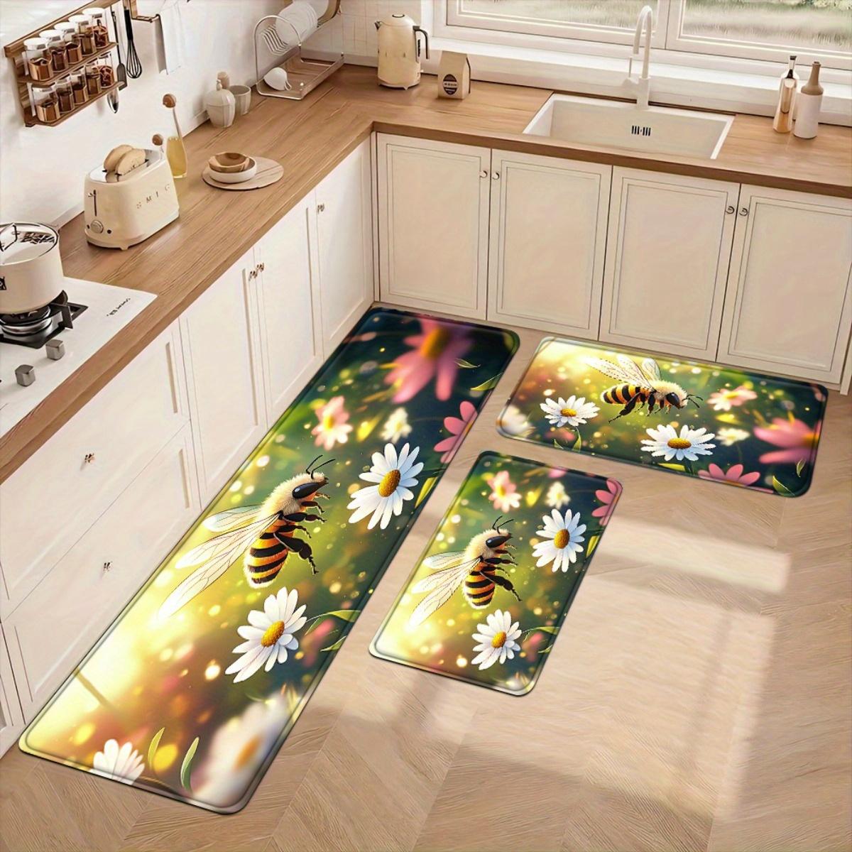 

1 шт. Кухонные коврики против усталости, с принтом пчелы и ромашки, водонепроницаемые, нескользящие, толстые, амортизирующие, кухонный коврик повышенной прочности, комфортный коврик для стояния на кухне 40*60cm