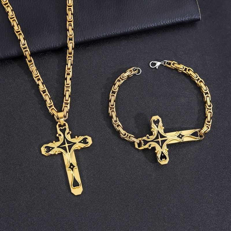 Vintage Cross Pendant Necklace & Bracelet Set - Unisex Fashion Jewelry