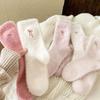 Women's Pink Embroidered Bow Mid-Tube Socks: Plush, Thick, Warm, and Perfect for Fall & Winter.