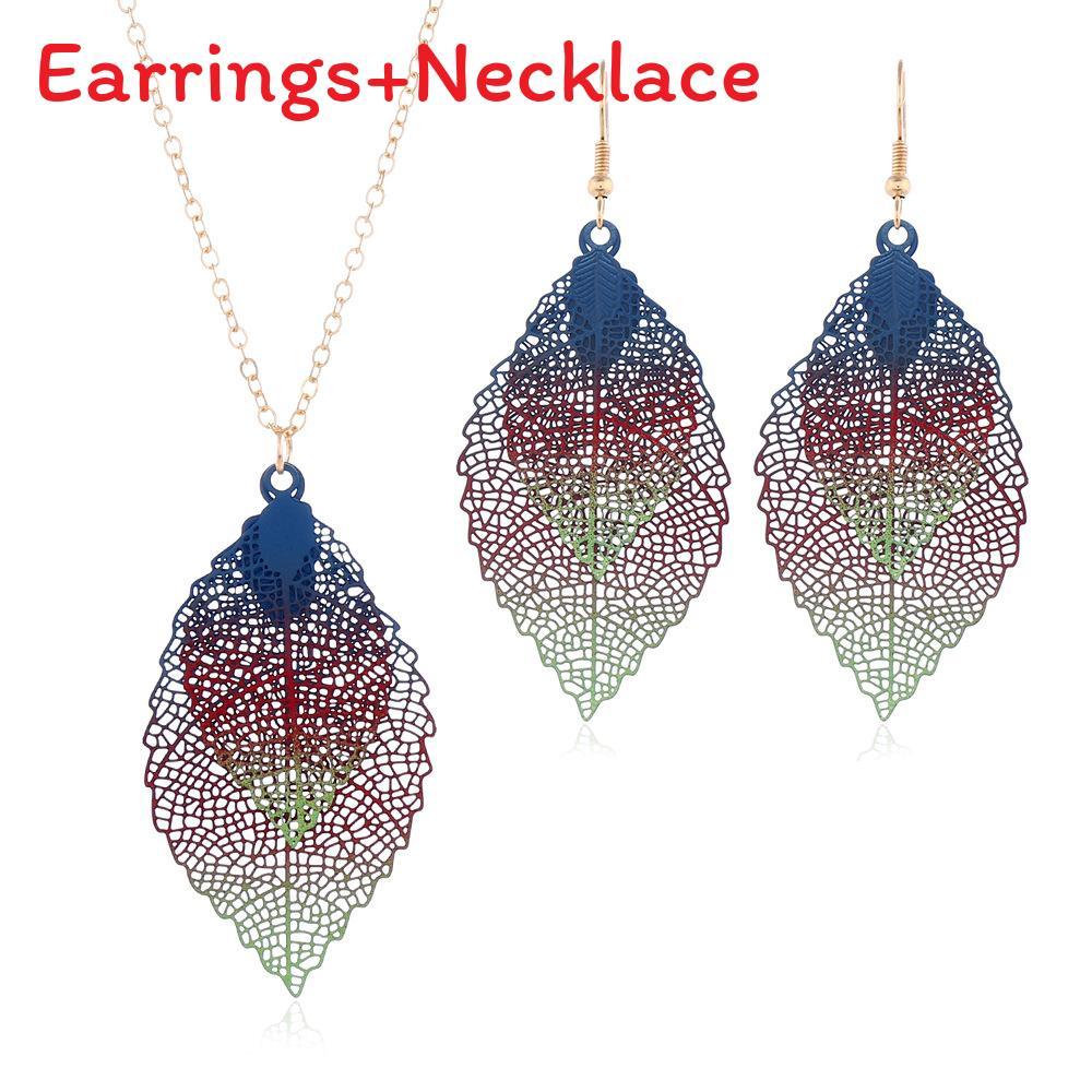 Vintage Leaf Jewelry Set With Stainless Steel Metal Pendant And Box Chain For Boho Style Fans