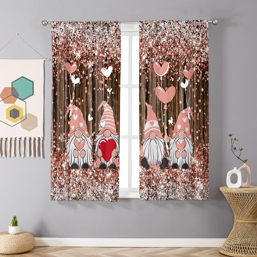 

Set Of 2 Glittery Pink Love Gnome Heart Curtains Perfect Valentine Day Romantic Home Bedroom Living Room Decor Curtain Polyester Ideal For Area W100*H70(CM)-Grommet top&2PCS