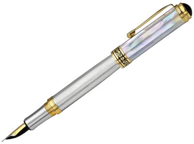 Caneta-tinteiro média serializada Xezo Maestro feita à mão em prata esterlina 925 sólida e pérola com origem marinha, mãe branca de ouro 18K e herança