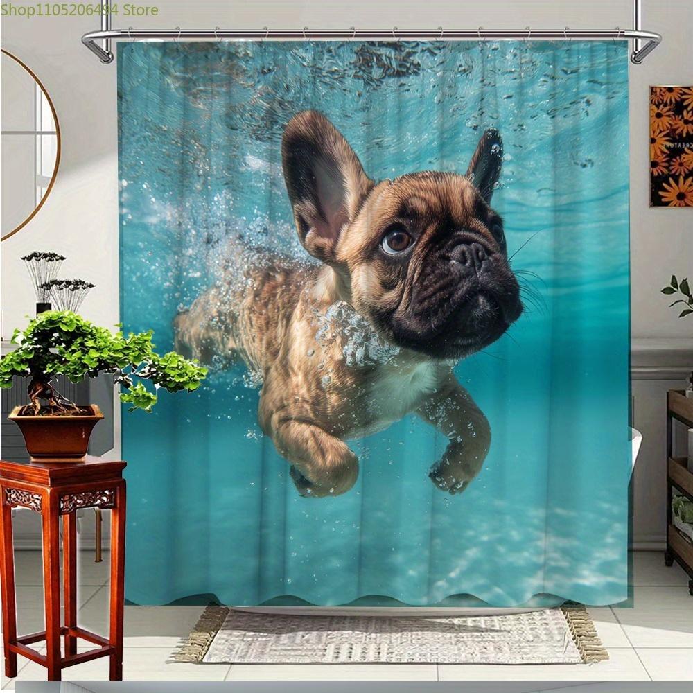 1pc French Bulldog Shower Curtain - Swimming Underwater Bathroom Decor with Swimming Puppy, High Quality Polyester Fabric Bath