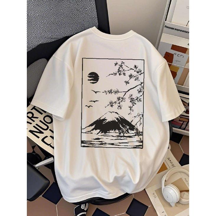 Men's Oversized Graphic Tee with Japanese Mountain and Cherry Blossom Print, Soft Cotton Blend, Relaxed Fit Short Sleeve Crewneck for Casual Daily