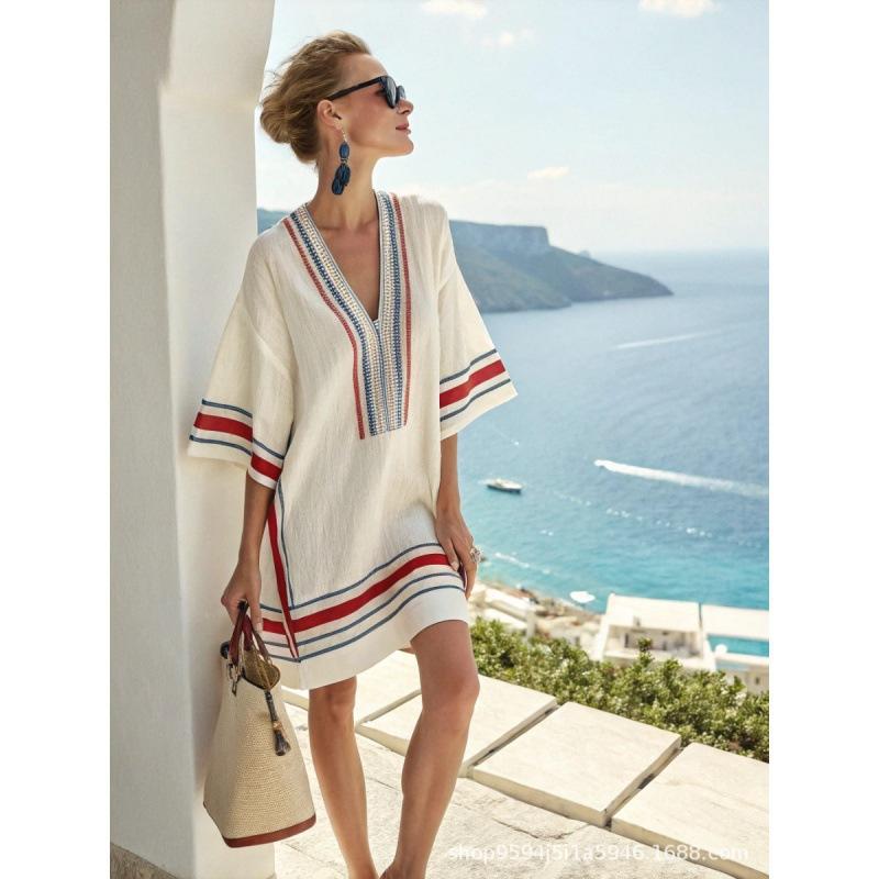 2026 women's V-neck dress seaside vacation 3D printing loose skirt beach