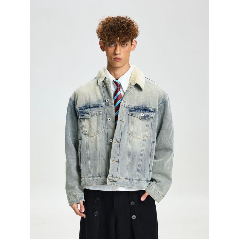 Cabbage Coke American Retro Autumn and Winter Fur Collar Denim Jacket with Fleece Lining, Warm Loose Fit Cleanfit Coat for Men