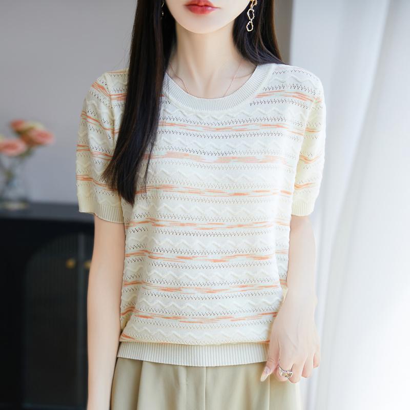Women Knit T-shirt Summer Knitted Shirt Short Sleeve Tees O-neck Pullover Knit Tops Female