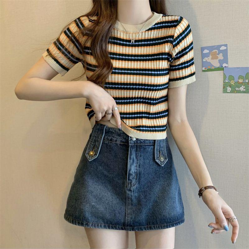 Camiseta de Verano Casual Coreana Corta y Versátil a Rayas Adelgazante Cuello Redondo Manga Corta Top para Mujer