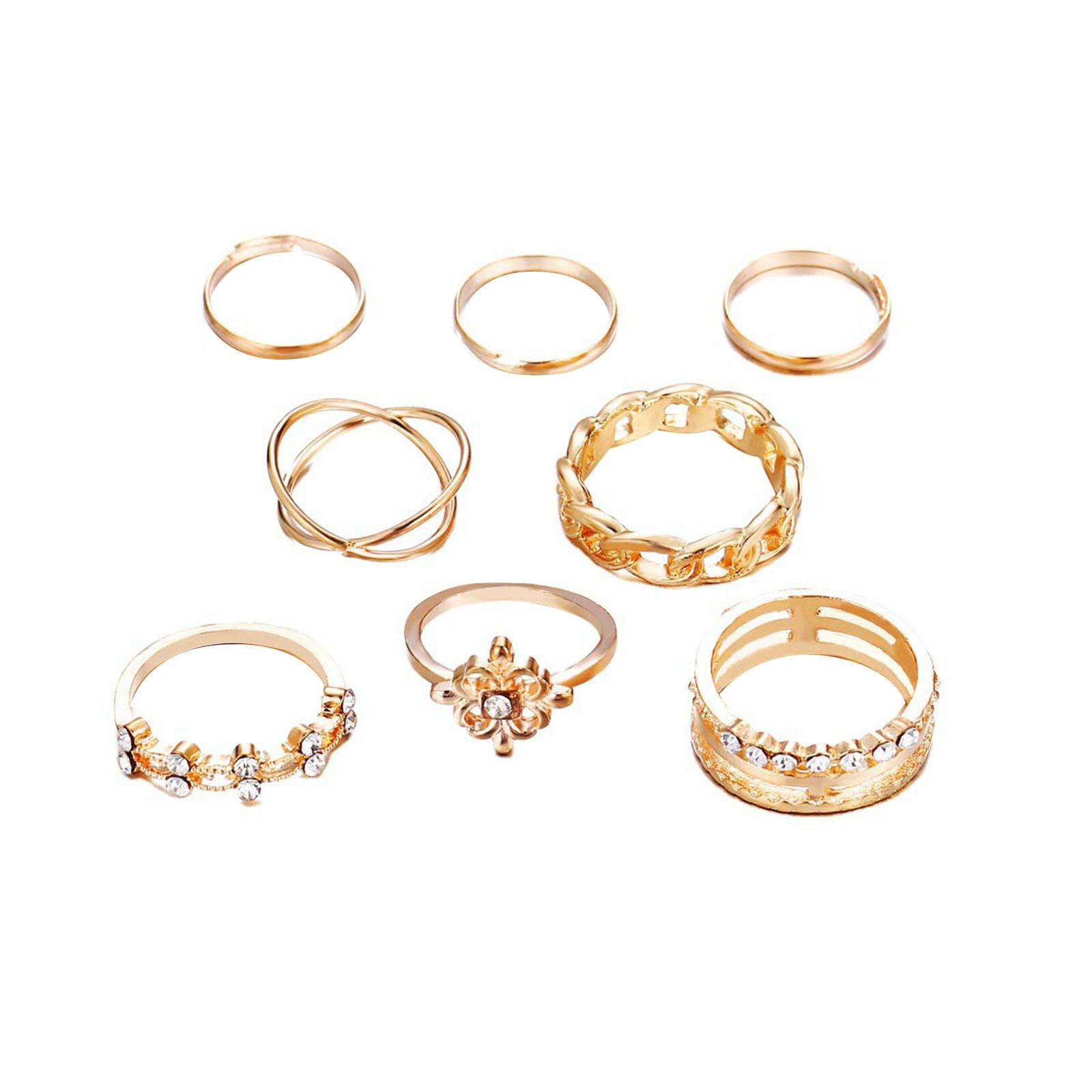

(SU)Набор из 8 креативных и персонализированных колец с цветочной цепочкой и инкрустацией стразами One size золотой