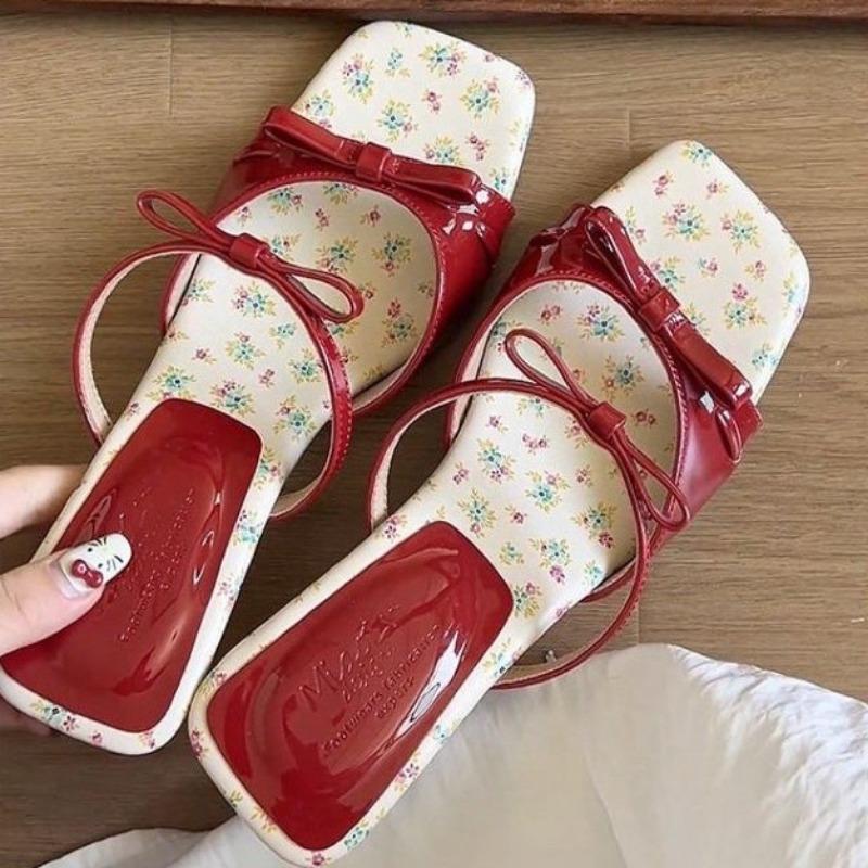 Fashion Women's Fashion Slope Heel Sandals Summer New Square Head Shallow Mouth Butterfly Knot Anti-slip Wear Slippers