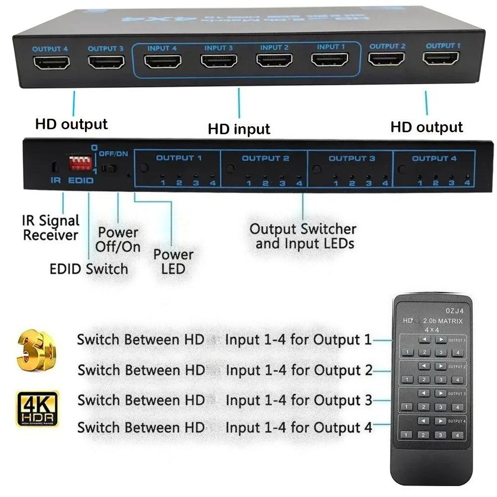 Switch Matriz HDMI 4x4 Compatível com 4K HDR HDTV Switcher Divisor de Matriz 4 Entradas 4 Saídas Caixa HDCP 2.2