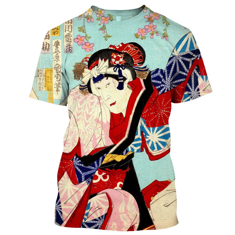 Japanese Geisha 3d Print Summer Men's O-Neck T-shirts Casual Short Sleeve Oversized Pullover Fashion Streetwear Man Clothing