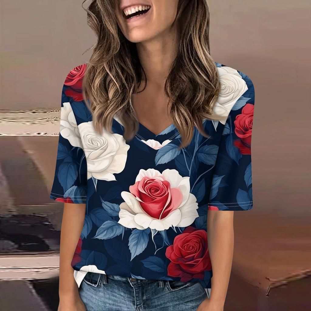 Women's Fashionable Casual Short-sleeved Five-quarter Sleeve Floral Print V-neck Top