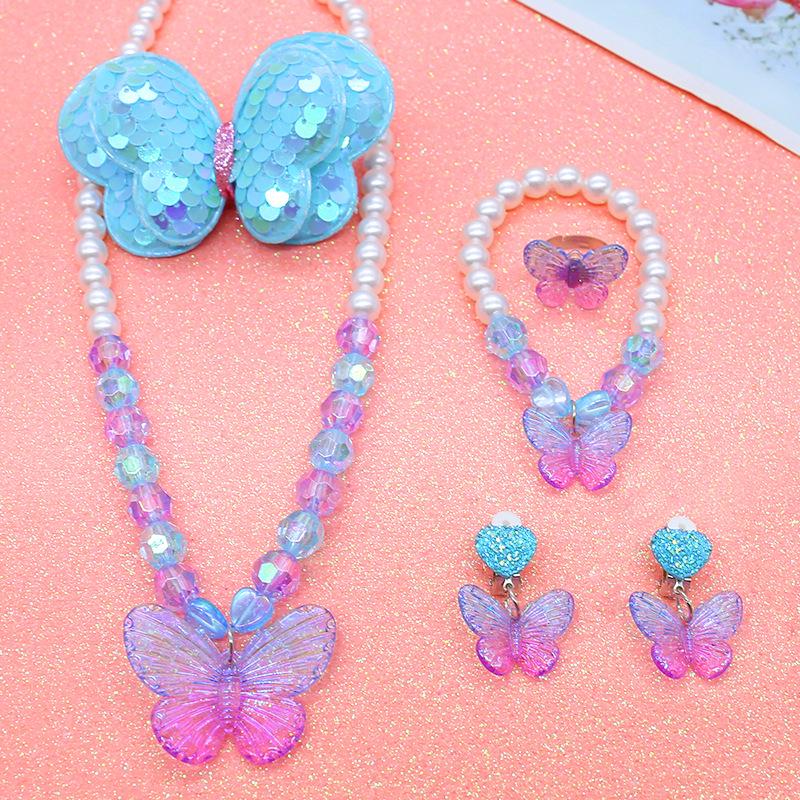 Prinzessinnen Schmuckset für Mädchen: Süßes Cartoon-Schmetterlings-Halskette, Choker, Ohrringe & Ring