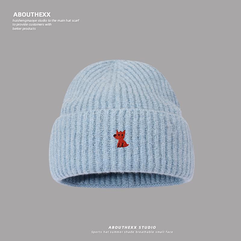 Autumn and Winter Warm Knitted Hats for Men and Women Korean Style Small Fox Embroidered Loose Big Head Circumference Woolen Hat Ins Trend