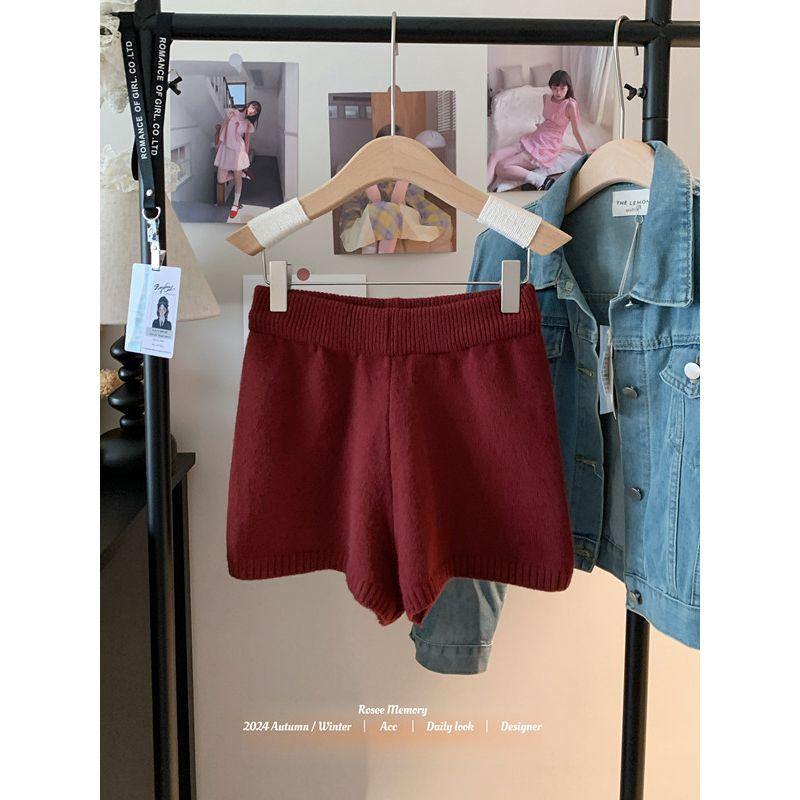 

Kumikumi Idle Style Simple Solid Knitted Casual Pants Women Autumn Slimming Versatile High Waist Wide Leg Pants Shorts Red XL
