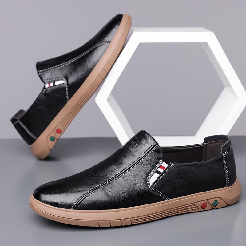 Men's Brand High Quality Round Headed Slip on Leather Shoes Flat Bottomed Handmade Soft Comfortable Fashionable Leisure Loafers