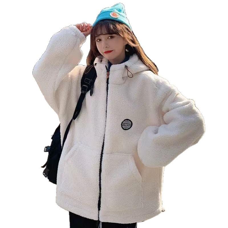 Womens Fleece Hooded Cardigan - Loose Fit Winter Casual Jacket Beige