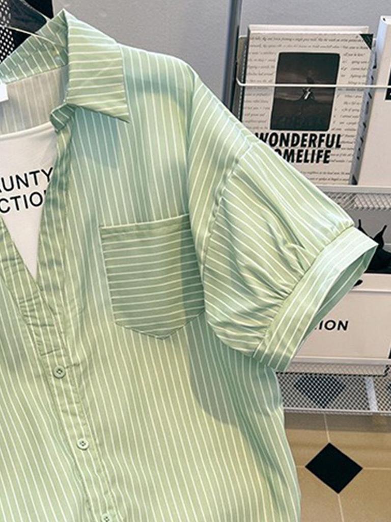 New Striped Two-in-One Short-Sleeve Cotton Shirt with Lapel - Summer Design