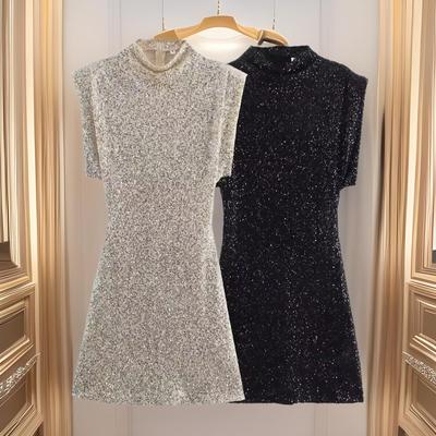 European & American Women's Sleeveless Sequin Dress with Padded Shoulders