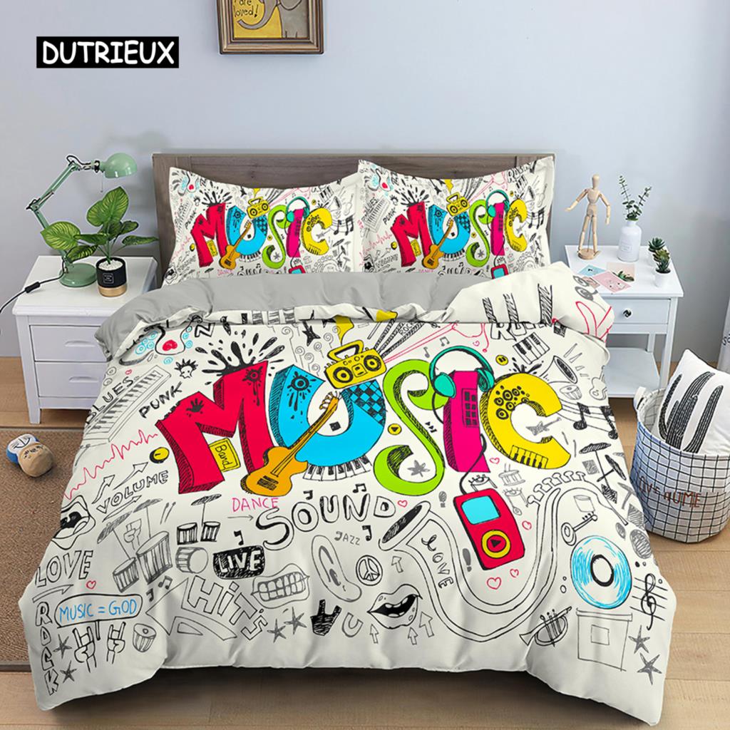 Povlečení s potiskem not Psychedelická sada povlaku na přikrývku Polyesterový povlak na přikrývku EU Dvojitá Velikost King Dospělí Děti Ložnicové doplňky