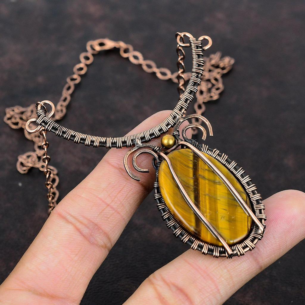 Tiger's Eye Necklace Copper Wire Wrapped Necklace Handmade Jewelry Adjustable Necklace Natural Gemstone Necklace Wedding Gift Copper Jewelry
