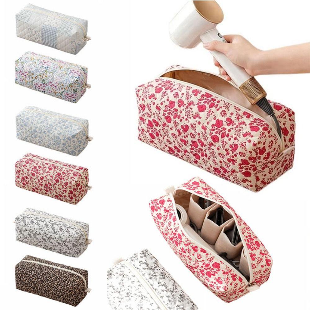 Soft Hair Dryer Storage Bag Quilting Cotton Dustproof Curler Storage Bag Zipper Closure Large Capacity Cosmetic Bag