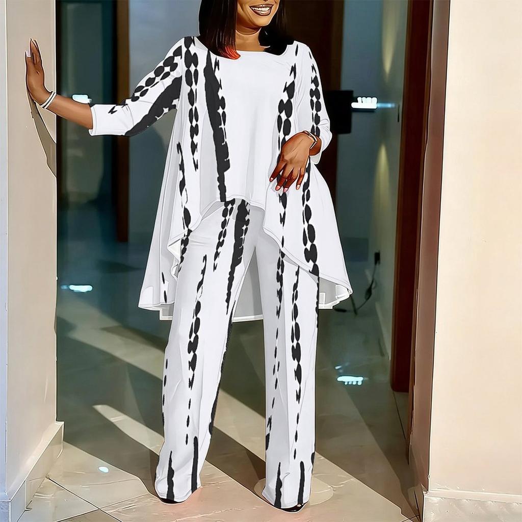 Women Plus Size Round Neck Three Quarter Sleeve Irregular Hem Printed Top Wide Leg Pants Two Piece Set