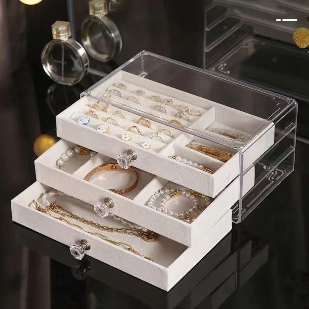 Transparent Jewelry Storage Box Dust-proof Earrings Jewelry Box Three Drawer Jewelry Box  Storage