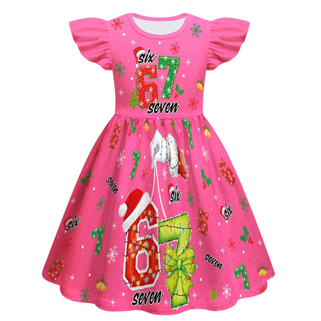82839 Kids Girls Christmas Steal a Brainrot 67 Six Seven Print Ruffle Sleeveless Princess Dress