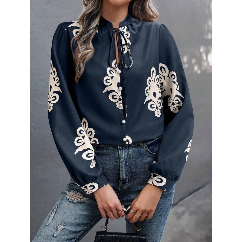 Women S Elegant Long Sleeve Printed Stand Collar Shirt For Spring Summer