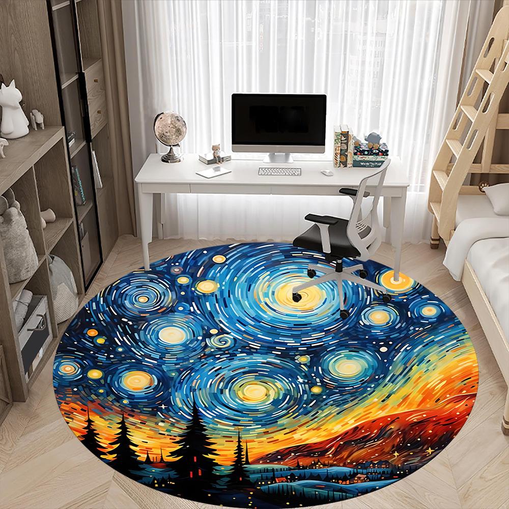 1PC Starry Night Landscape Office Round Area Rug, Mat Suitable ForOffice, Under Office Chairs Bedroom Living Room Home Decor, Room Deco