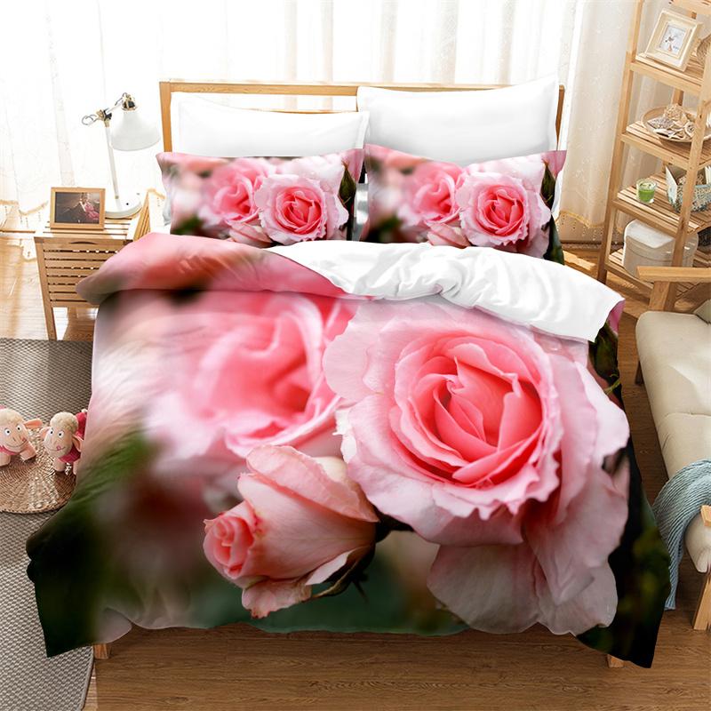 Pink Roses Bedding Set Duvet Cover 3d Flowers Bedding Set Fashion Soft Warm Bedding King Double Girl Bed Set Duvet Cover Set
