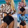 New Women's Sexy Tight-fitting Floral Print Cut-out Long-sleeved One-piece Bikini Swimsuit Casual Sunscreen Beach Surfing Diving Swimsuit