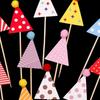Colorful Pompom Cake Topper: Funny Birthday Hat & Triangle Insert Decorations