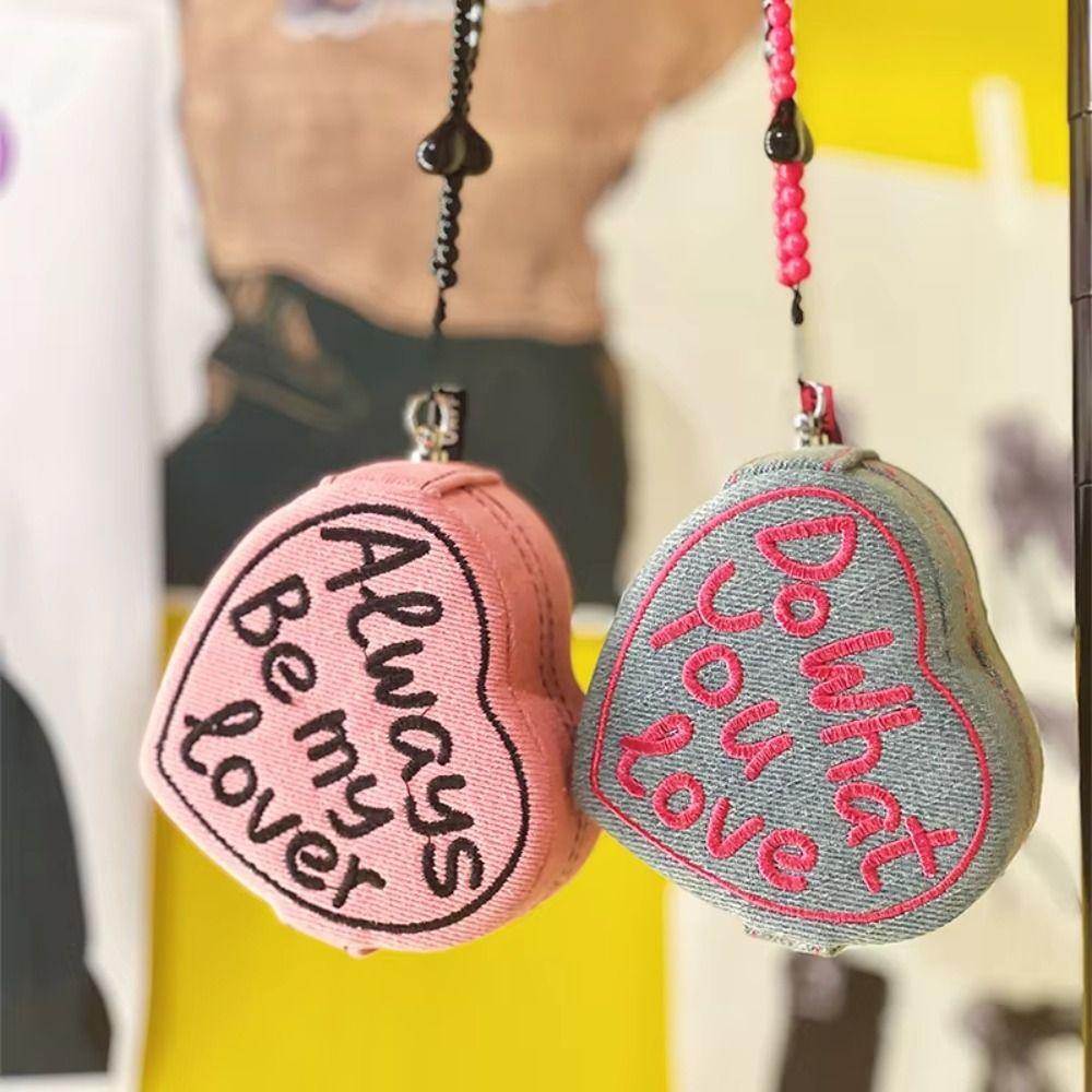 Portable Heart Shaped Jewelry Ring Storage Box Retro Style Embroidered Cosmetic Bag Pure Color With Strap Jewelry Holder Gift