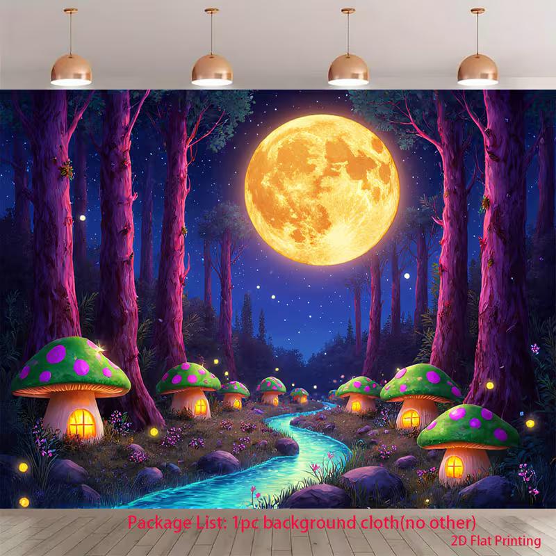 2D Mystical Night Tapestry, Magical Forest with Mushroom Cottages & Full Moon Backdrop 47.2x31.5inch/120*80cm