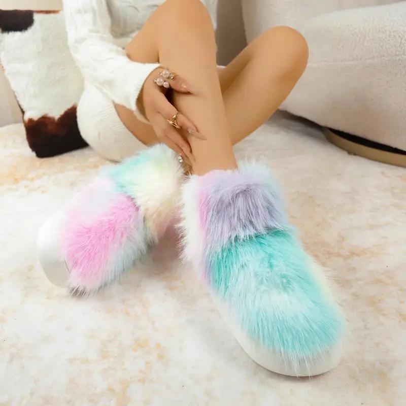 Fashion Mix Color Long Plush Snow Boots Women Candy Color Non Slip Soft Cotton Snow Boots Women 2025 Thicken Warm Faux Fur Shoes