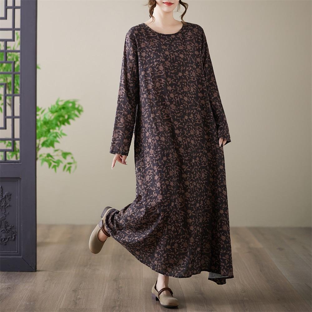 Long Sleeve Plus Size Cotton Vintage Floral New In Dresses for Women Casual Loose Spring Autumn Dress