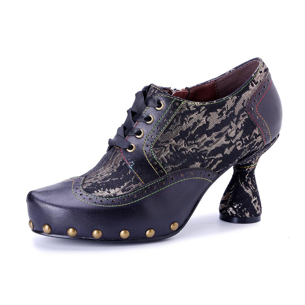 Johnature Handmade Genuine Leather Pumps Retro Patchwork Printed Rivet High Heels Women's Shoes