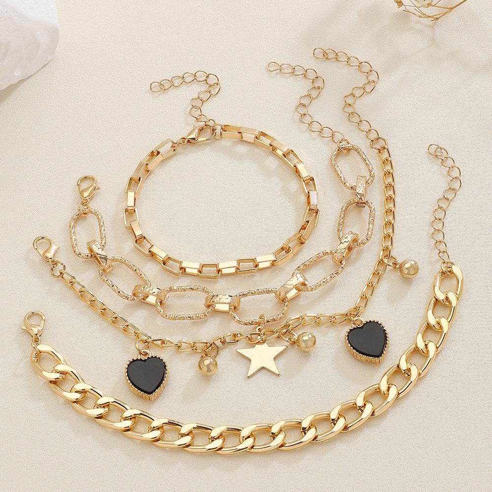 High quality 2026 black love star four-piece set jewelry, personalized simple multi-layer gold hollow chain bracelet