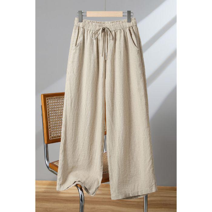 Hohe Taille Baumwolle Leinen Damen Weite Beine Verkürzte Hosen - Koreanischer Stil, Große Größen, Kordelzug, für Frühling, Sommer, Herbst