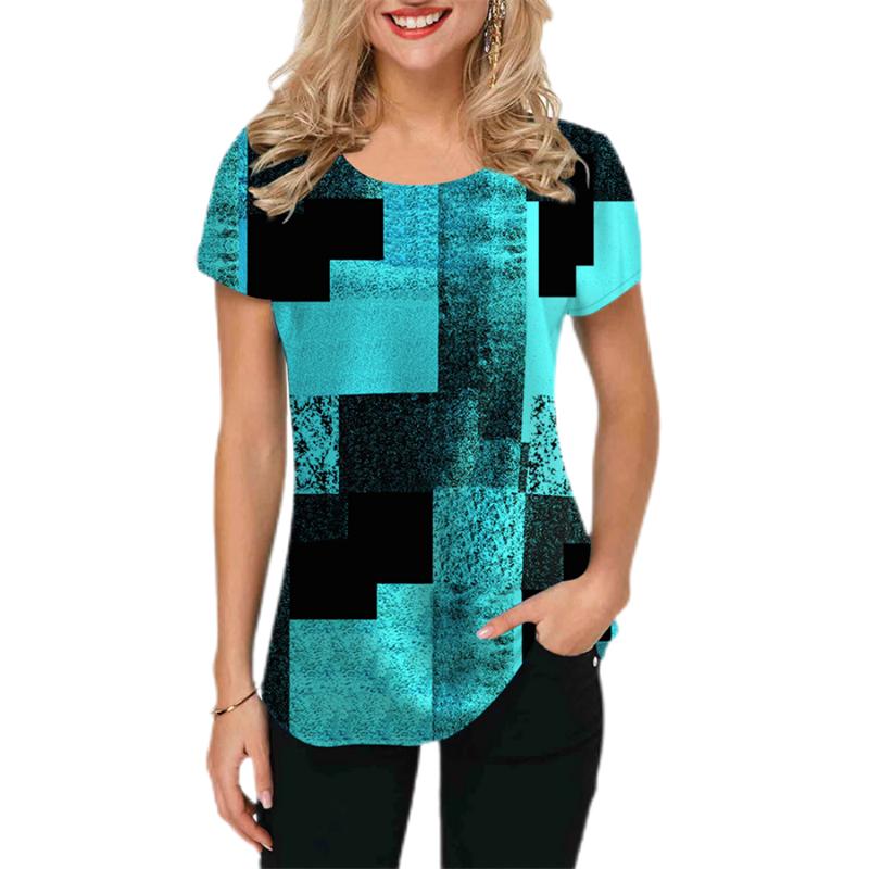 Colorful Splicing Pattern T-Shirt For Women Geometry 3D Printed Tees Summer Harajuku Loose Tops Round Neck T Shirts Short Sleeve