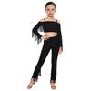 Mädchen Leopardenmuster Quasten Latein Tanz Outfit Langarm Crop Top Träger Verstellbare Hose